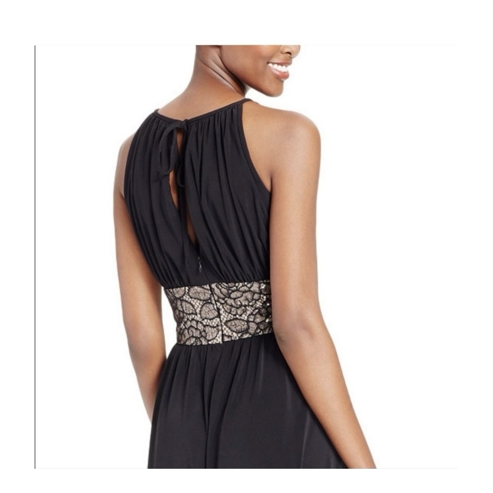 R&M Richards Formal Dress Black Sequined Waist Peephole Slit Sz 16 Prom - Picture 3 of 16